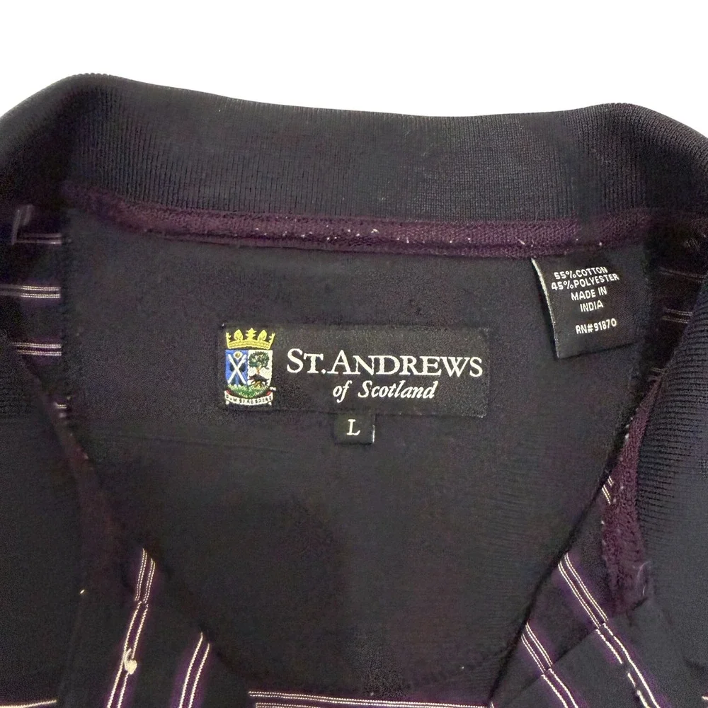 St Andrews of Scotland Mens Large Polo Shirt Purple Black Striped Short‎ Sleeve